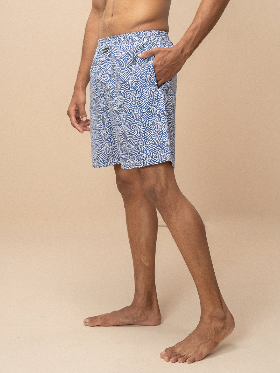 Men 100% Combed Cotton Blue Woven Printed Boxer Long Shorts WB51