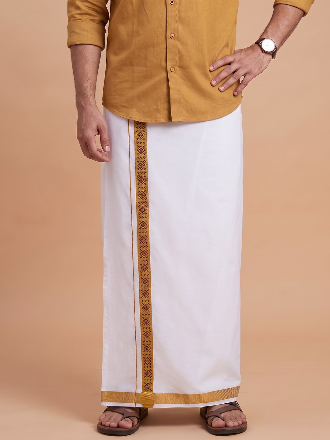 Single Layer Cotton Blend White Dhoti with Fancy Jari Border - GP05