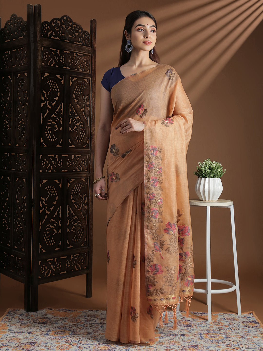 Women Orange Cotton Weaving Saree PCS249