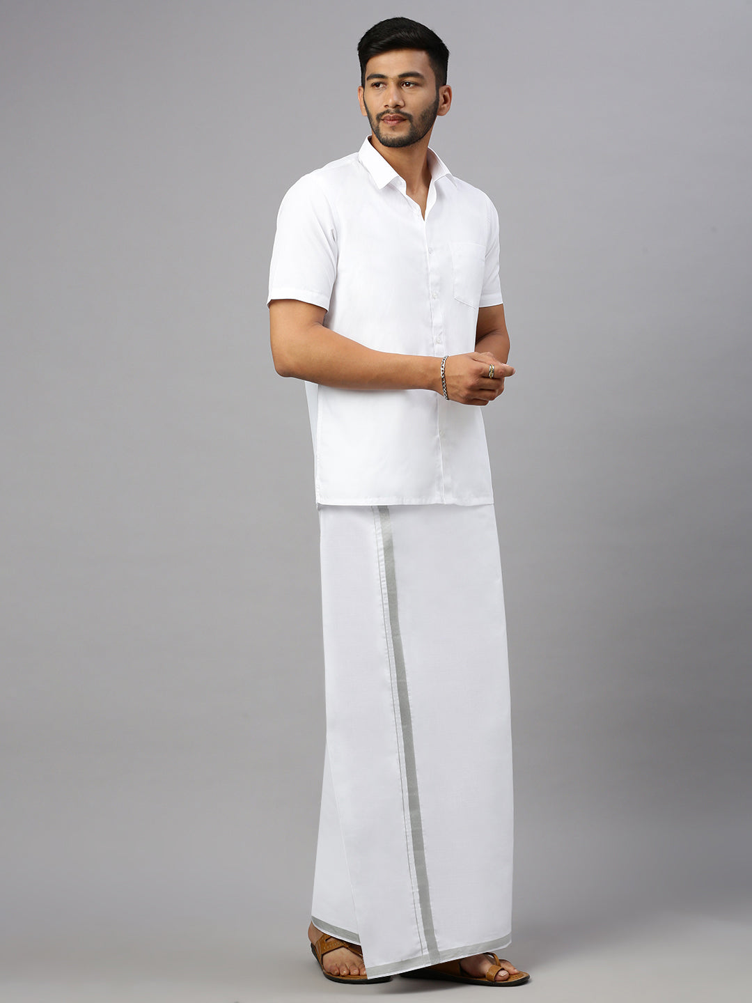 Men Cotton Blend Double Layer White Dhoti with Silver Jari Border Statesman