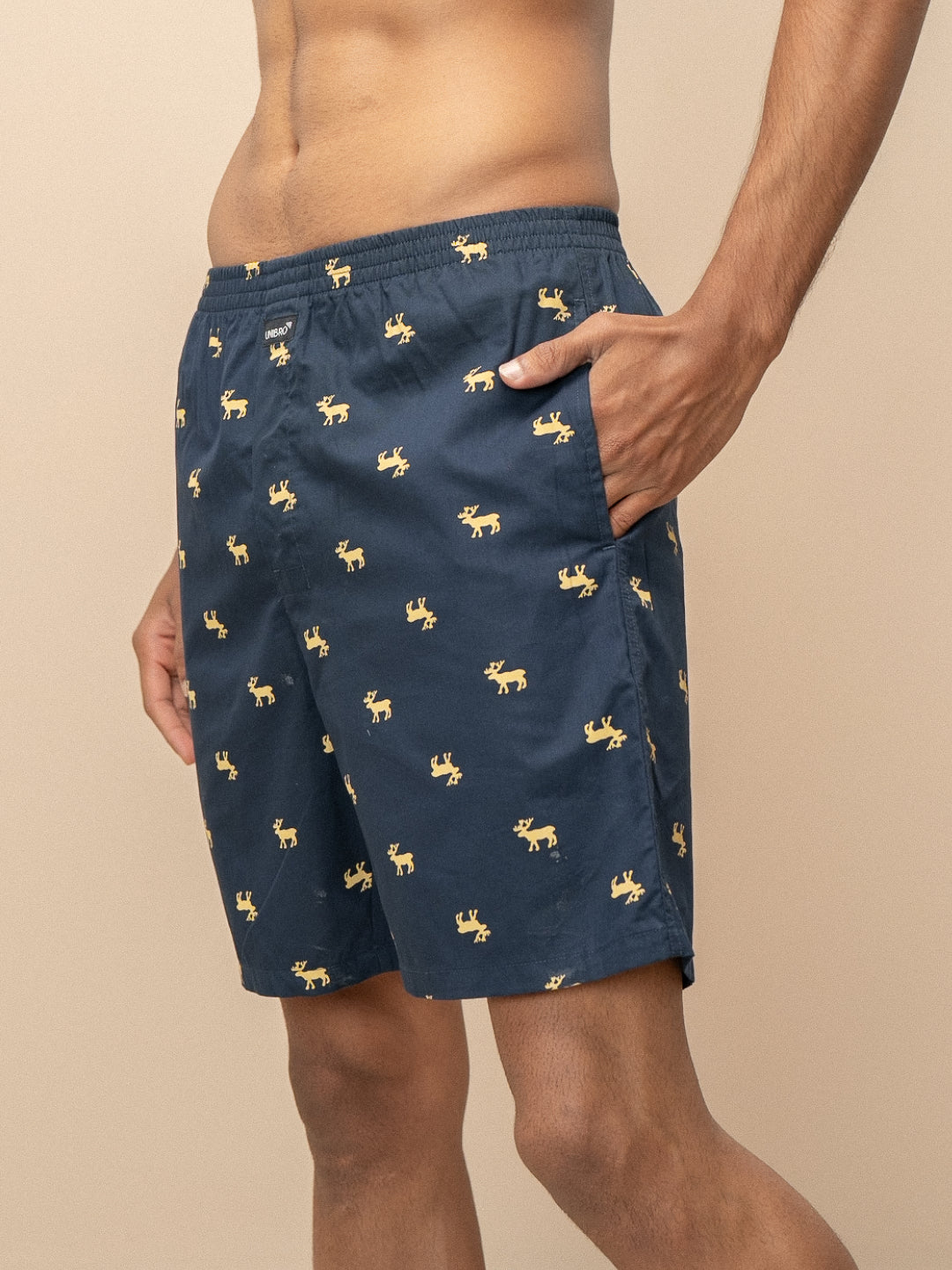 Men 100% Combed Cotton Navy Blue Woven Printed Boxer Long Shorts WB52