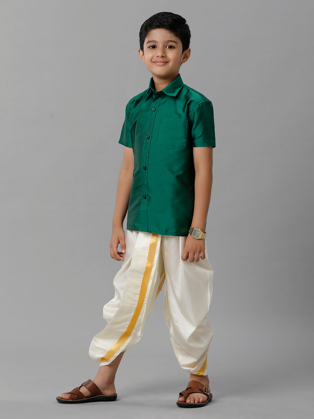 Boys Silk Cotton Dark Green Half Sleeves Shirt with Soft Silk Panchakacham Combo K9-Side view