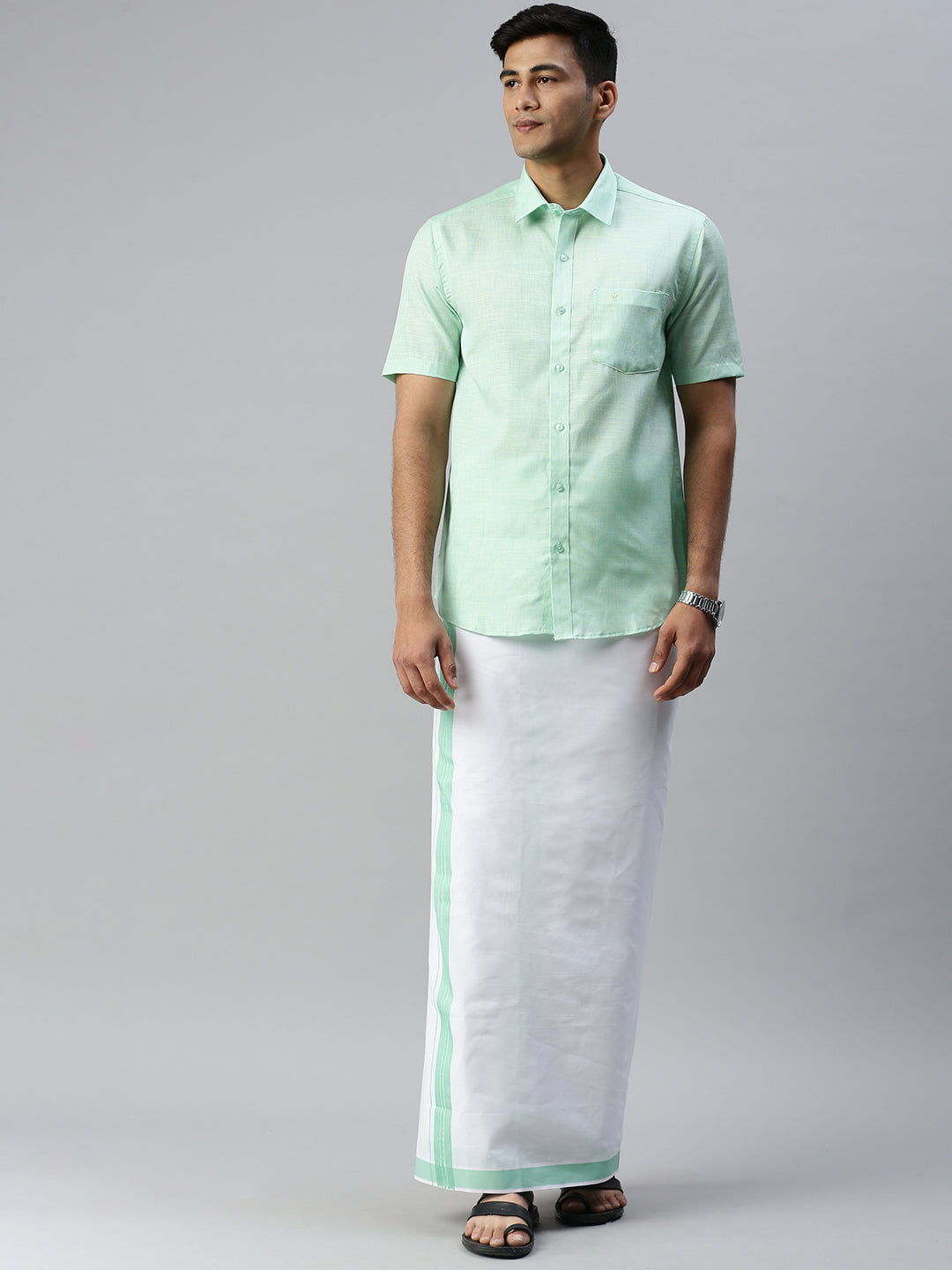 Mens Matching Border Dhoti & Shirt Set Half Light Pista Green C83