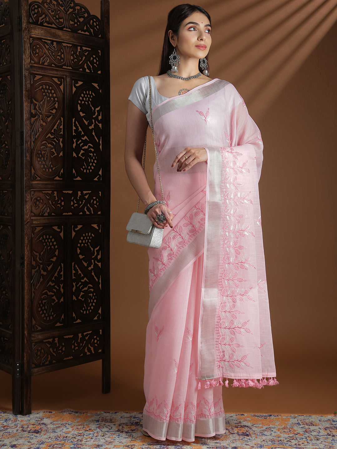Women Pink Semi Linen Embroidered Saree SL248