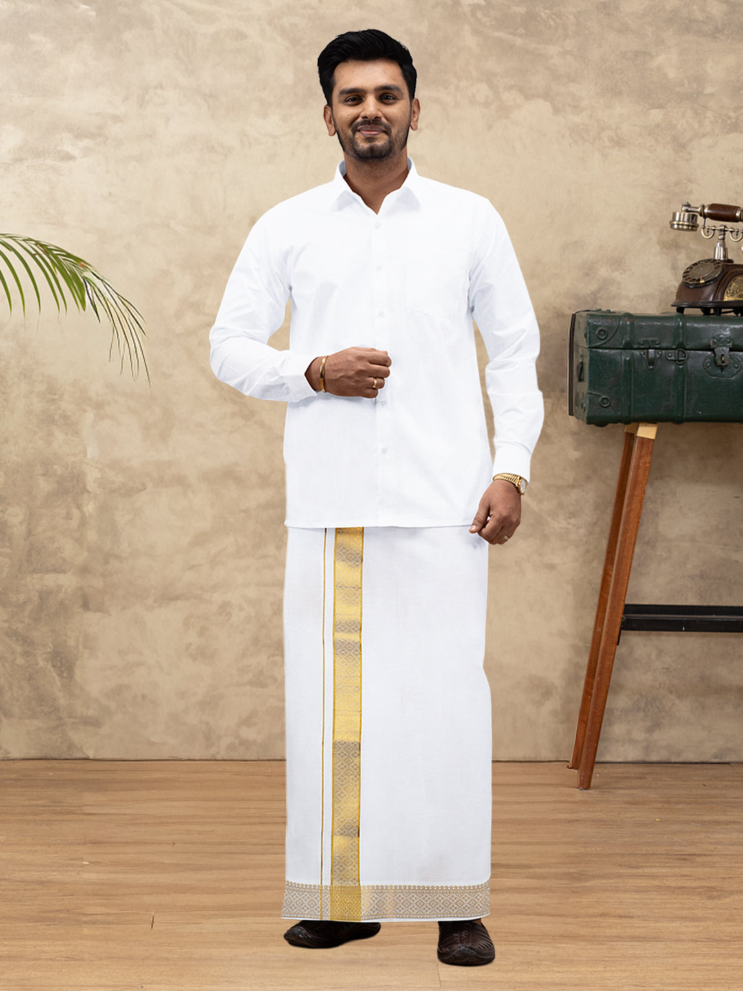 Men 100% Cotton Single Layer White Dhoti with Gold Jari Border Aura 294