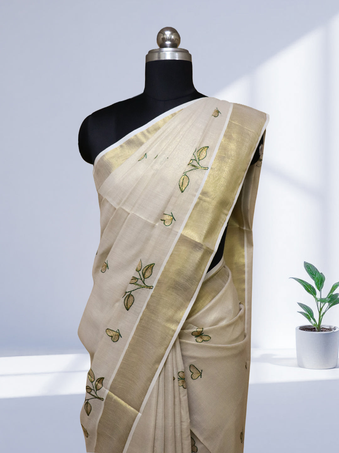 Women Kerala Tissue Gold Embroidery Saree KS214