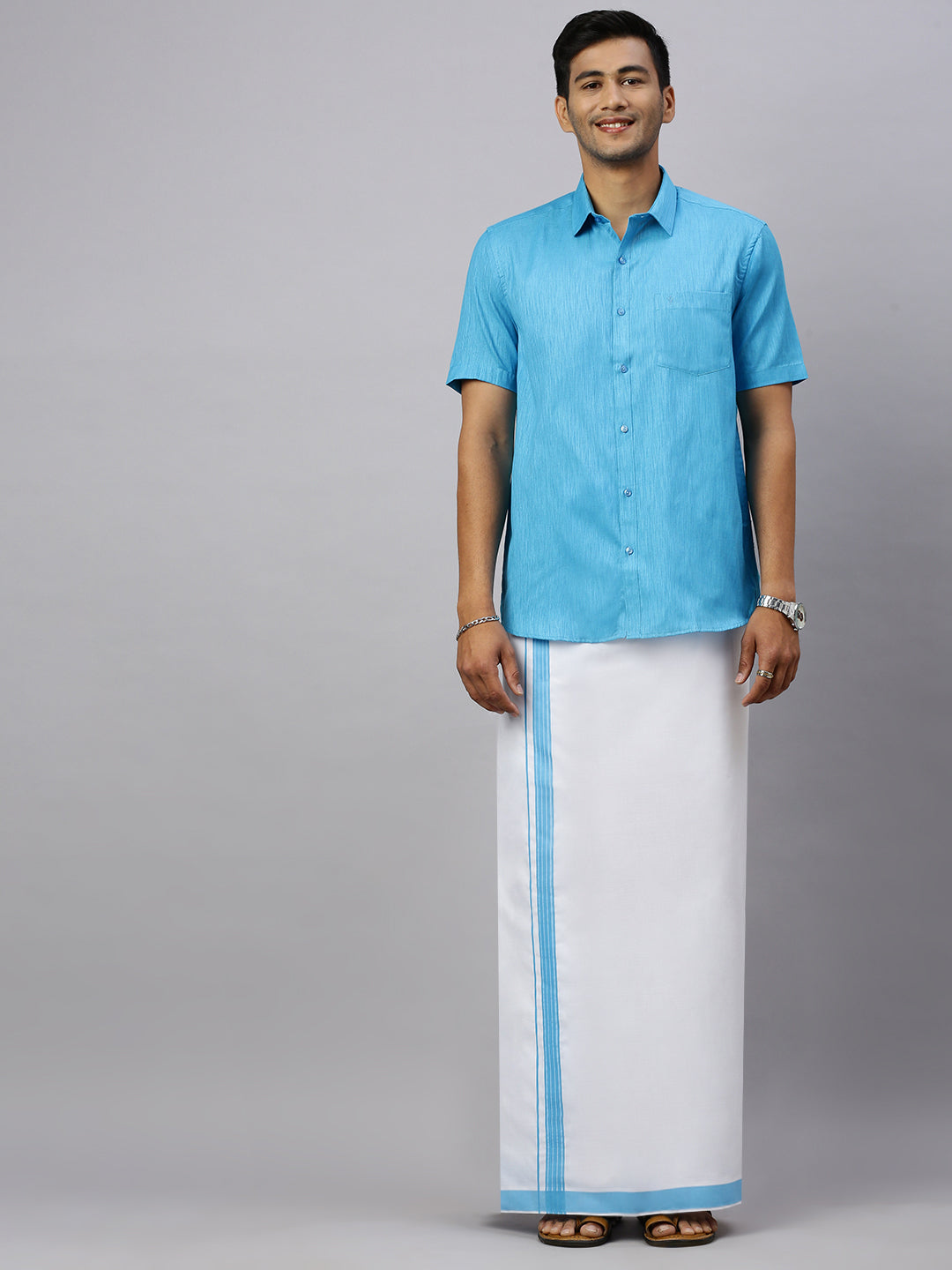 Mens Eastern Blue Matching Border Dhoti & Half Sleeves Shirt Set CV5