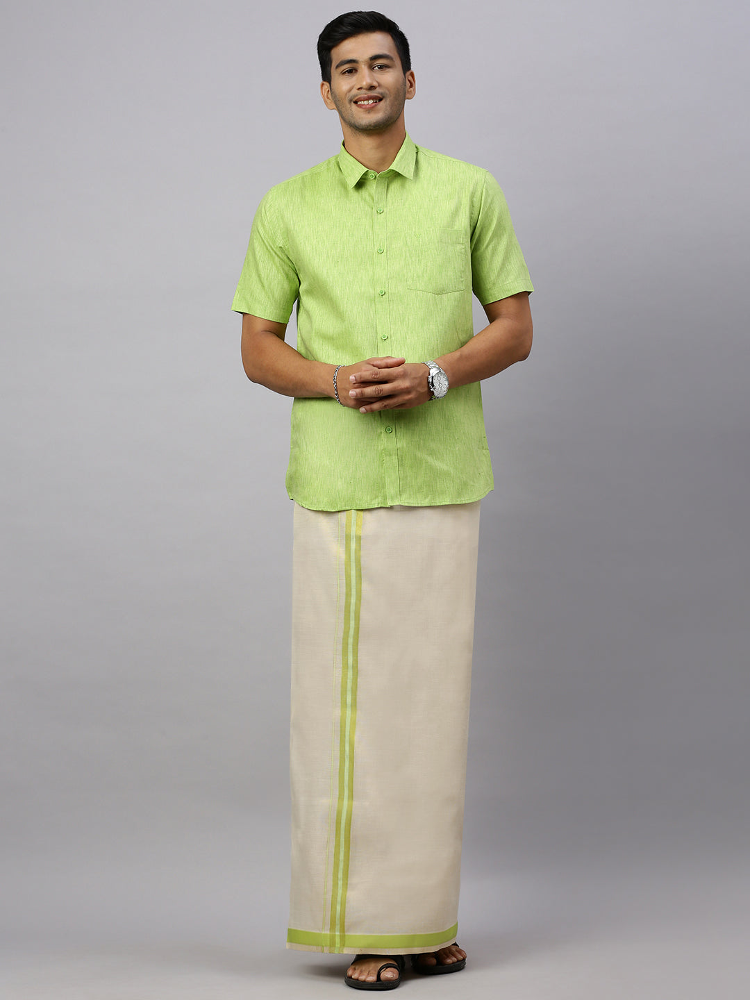 Mens Macho Lite Green Matching Border Dhoti With Full & Half Sleeves Shirt Set CCB