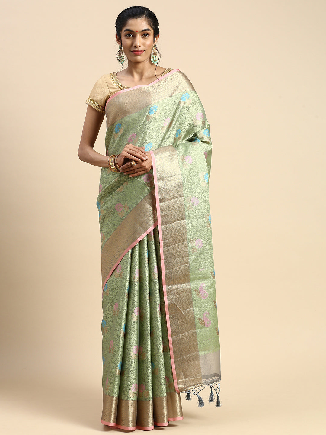 Semi Kora Cotton Allover Design Saree Green with Zari Border SKCW05