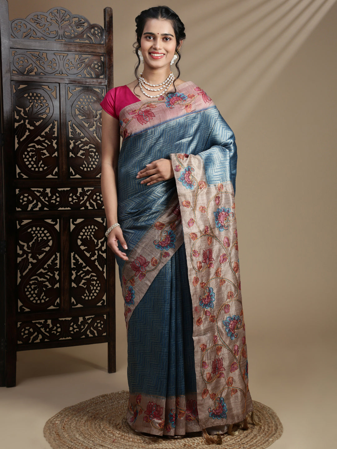 Women Blue with Brown Semi Raw Silk Embroidered Saree SRS110