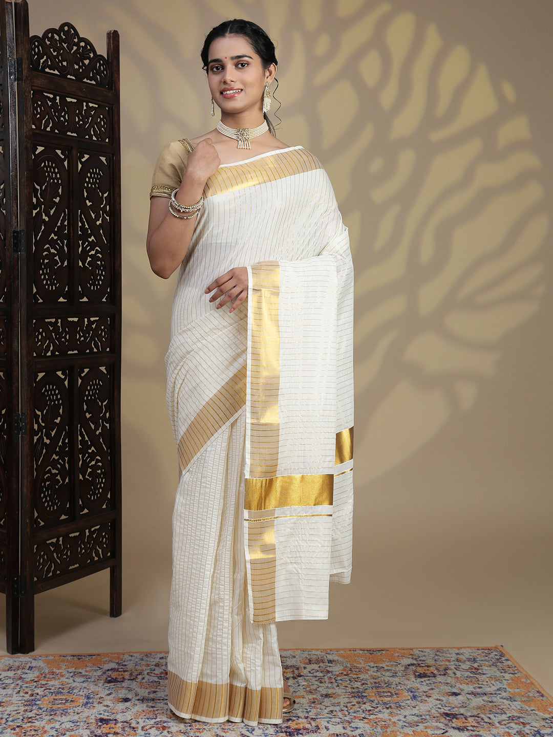 Women Traditional Kerala Cream Stripes Saree KS228