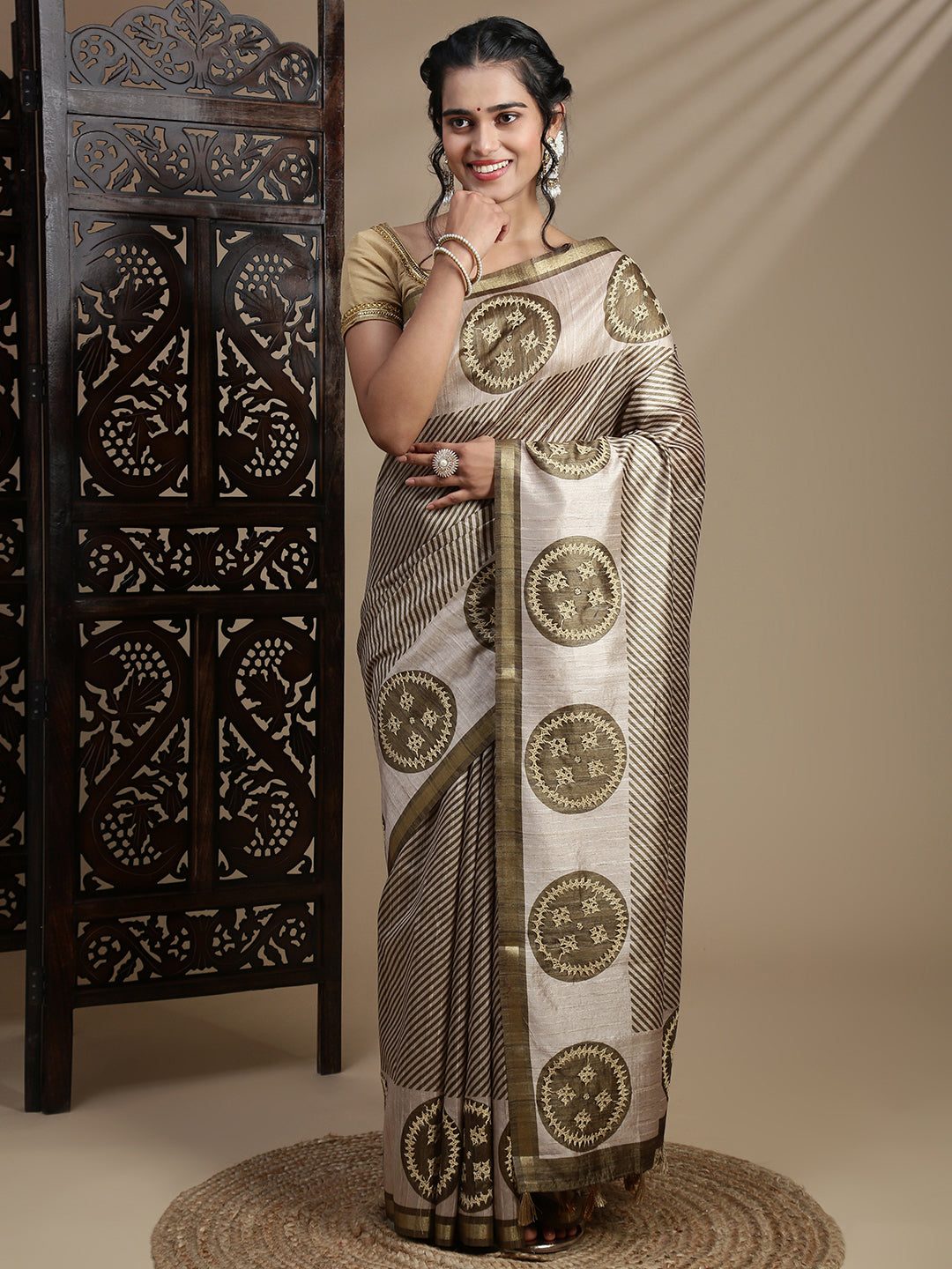 Women Green with Brown Semi Raw Silk Embroidered Saree SRS112