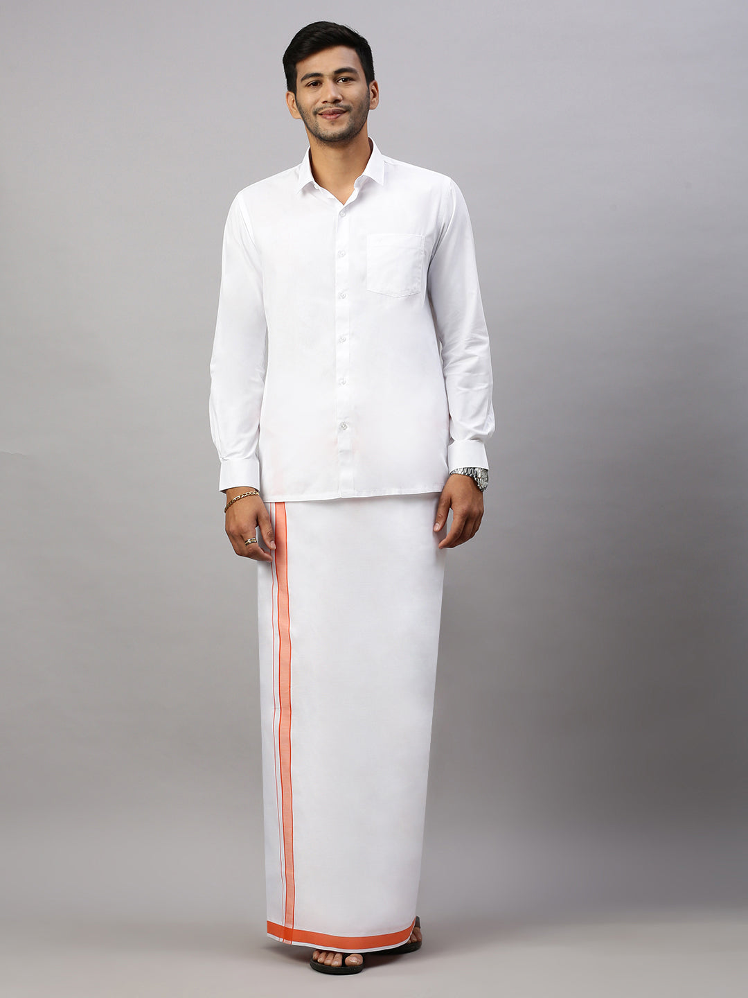Men Single Layer Cotton Blend White Dhoti with Fancy Border Winner Plain WP11