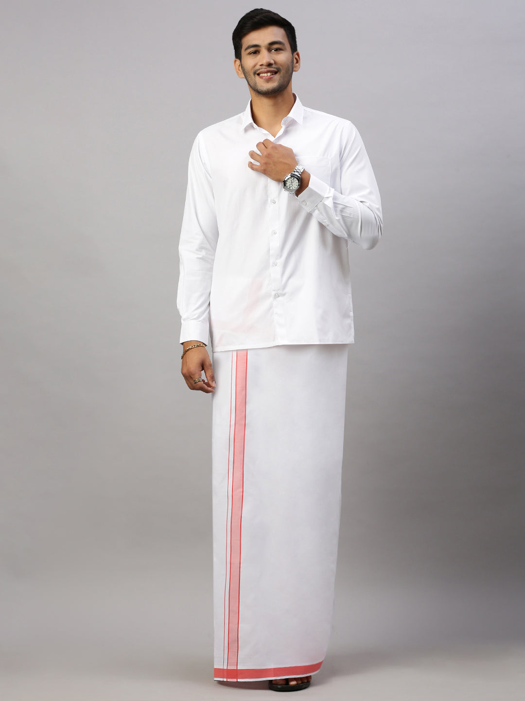 Men Single Layer Cotton Blend White Dhoti with Fancy Border Winner Plain WP09