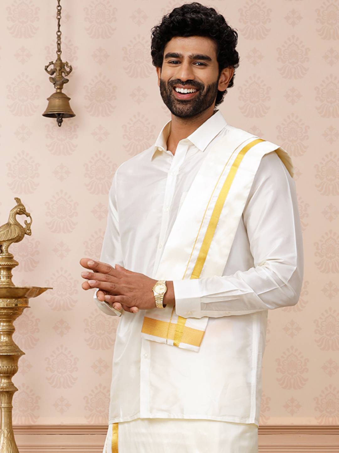 Men Pure Silk Cream Towel with 1 1/2" inch Jari Border Rajahamsa