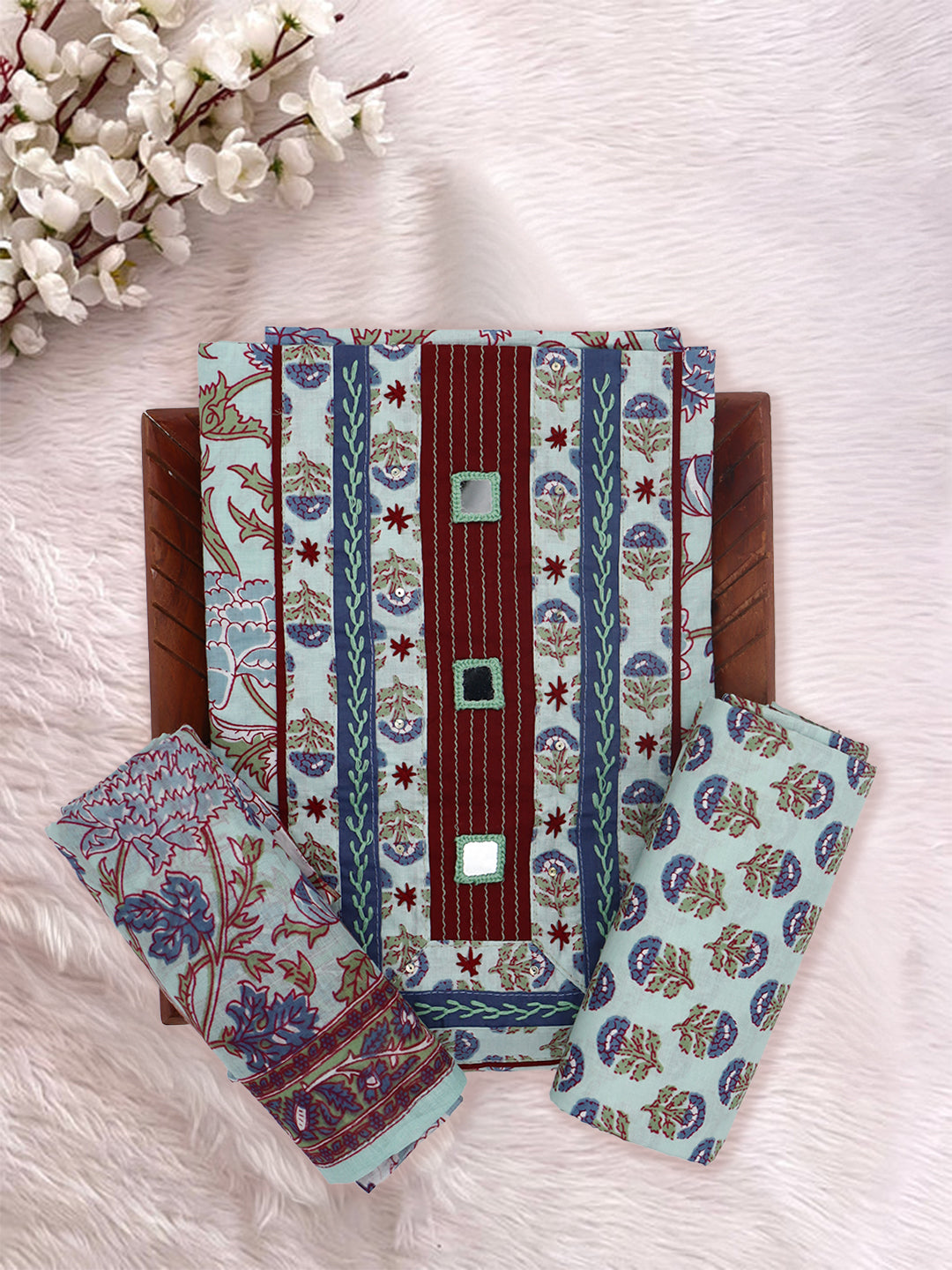 Women Pure Cotton Printed Dress Material Light Blue DM354