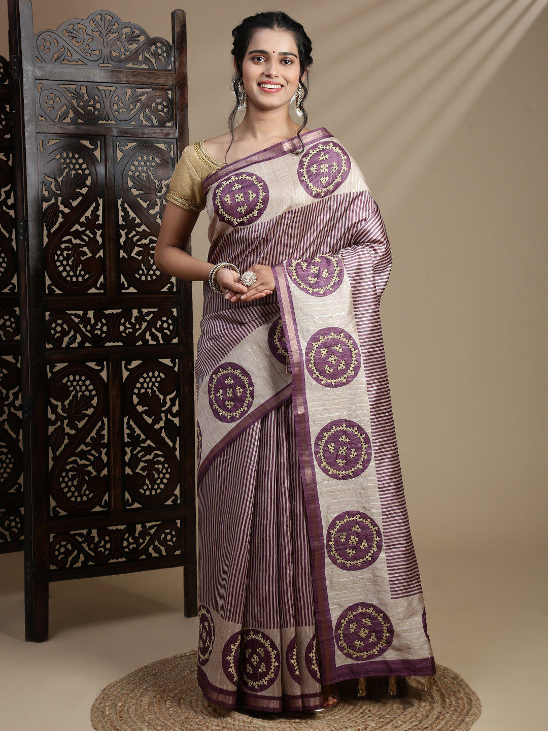 Women Purple with Brown Semi Raw Silk Embroidered Saree SRS114