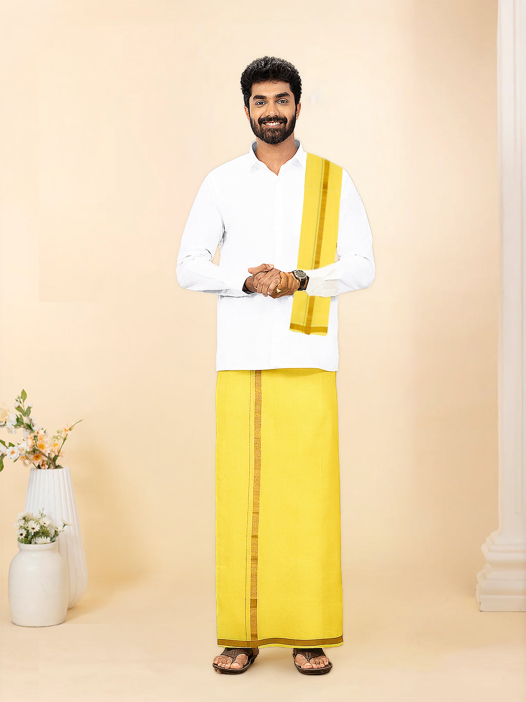 Men Premium Cotton Double Layer Yellow Dhoti & Towel Set with Gold Jari Border