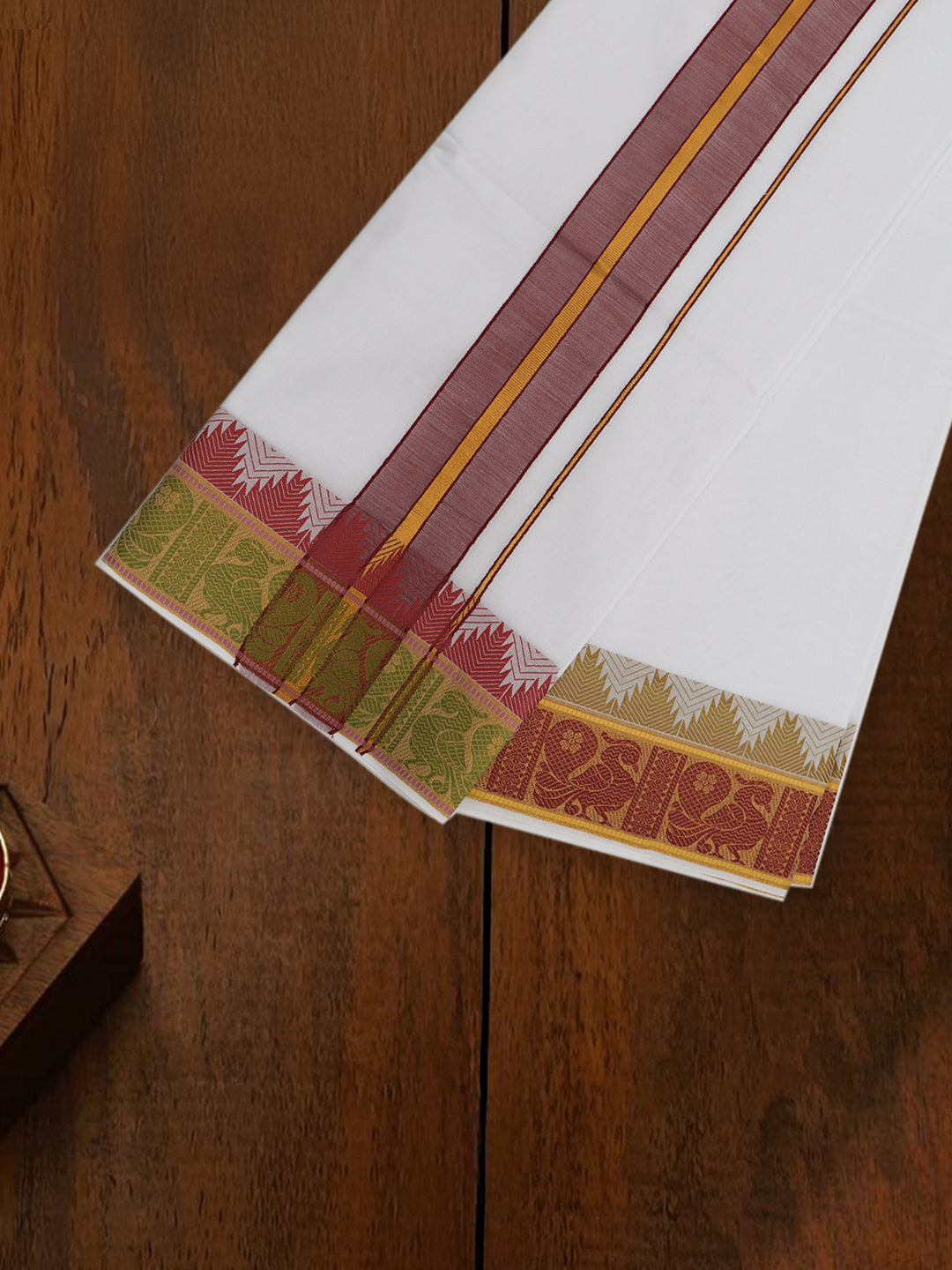 Men Cotton Red Fancy Border Panchakacham with Angavasthram Vishvadeva (9+5) VD03
