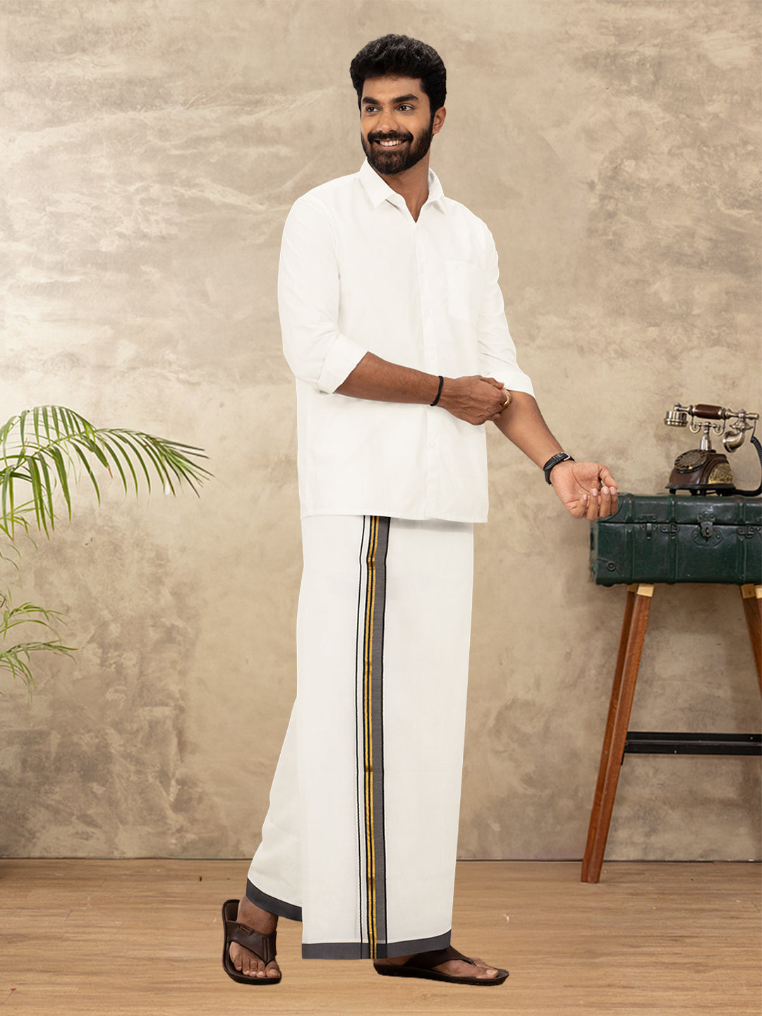 Men Kora Cotton Double Layer Dhoti with Black Fancy Jari Border