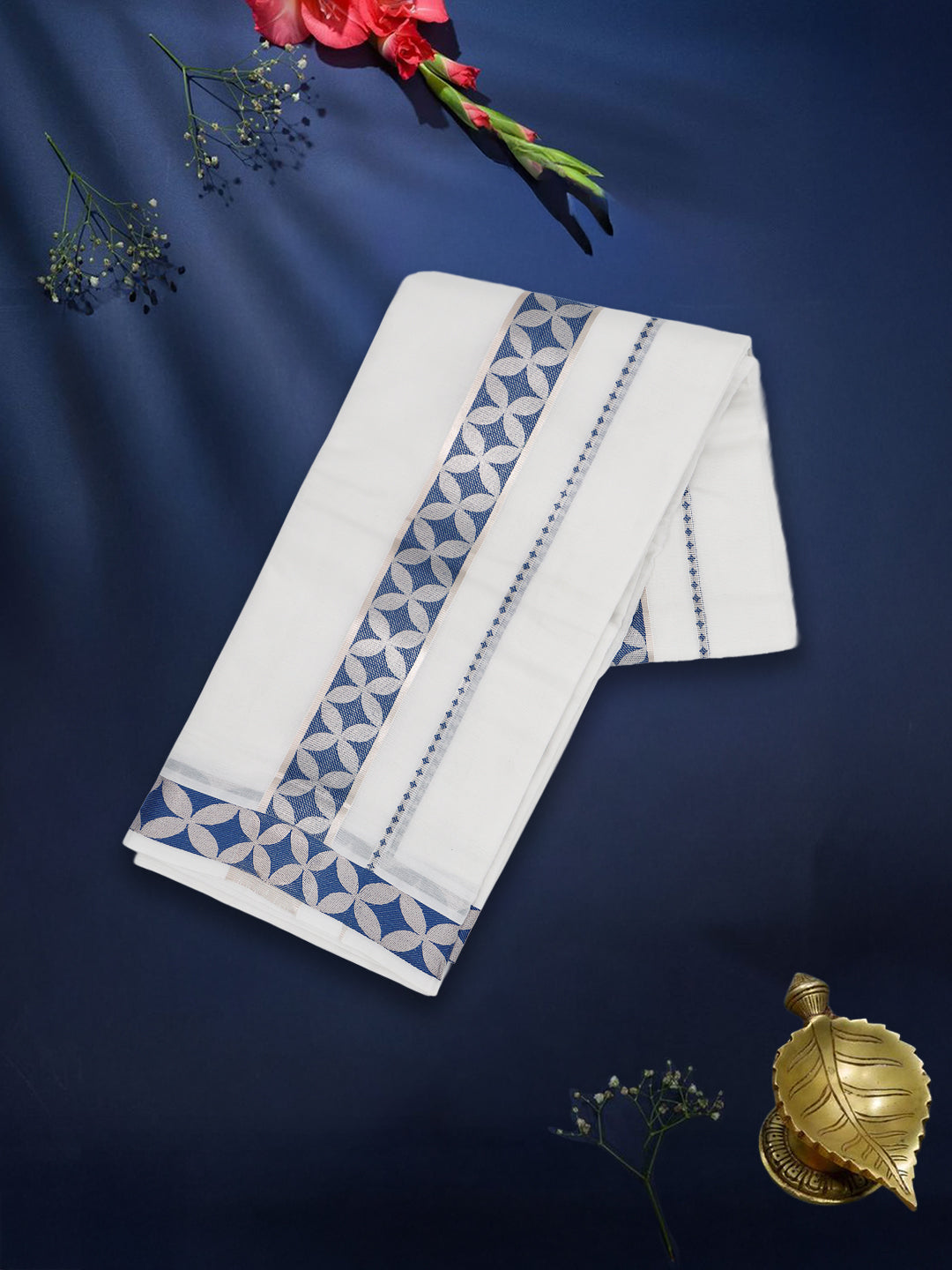 Men Premium Cotton Double Layer White Dhoti with Blue Fancy Jari Border Luxury Club LC14