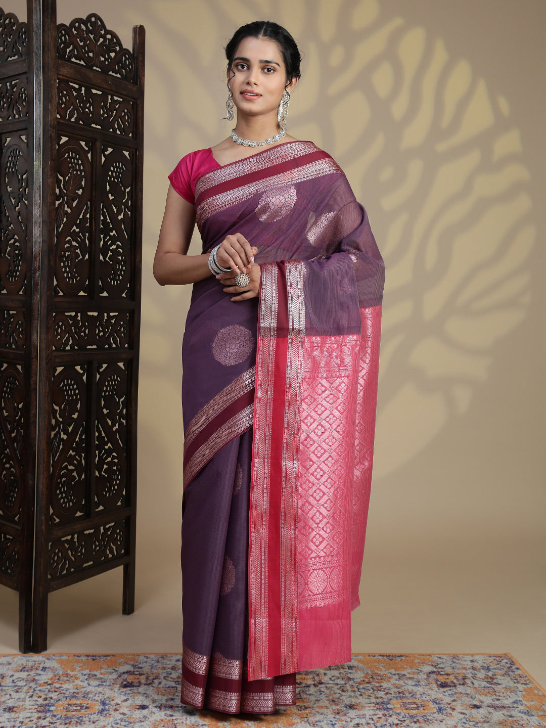 Women Purple Kora Cotton Fancy Saree SK108