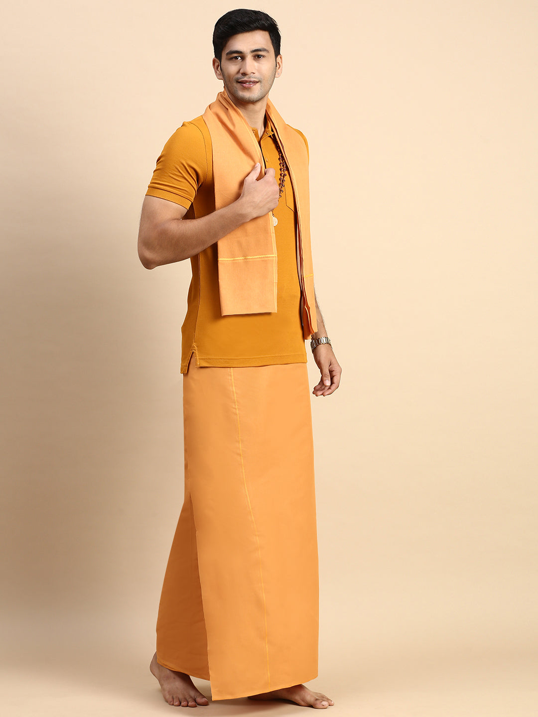 Men Devotional Small Border Dhoti with Towel & TShirt Set Kaavi EP41