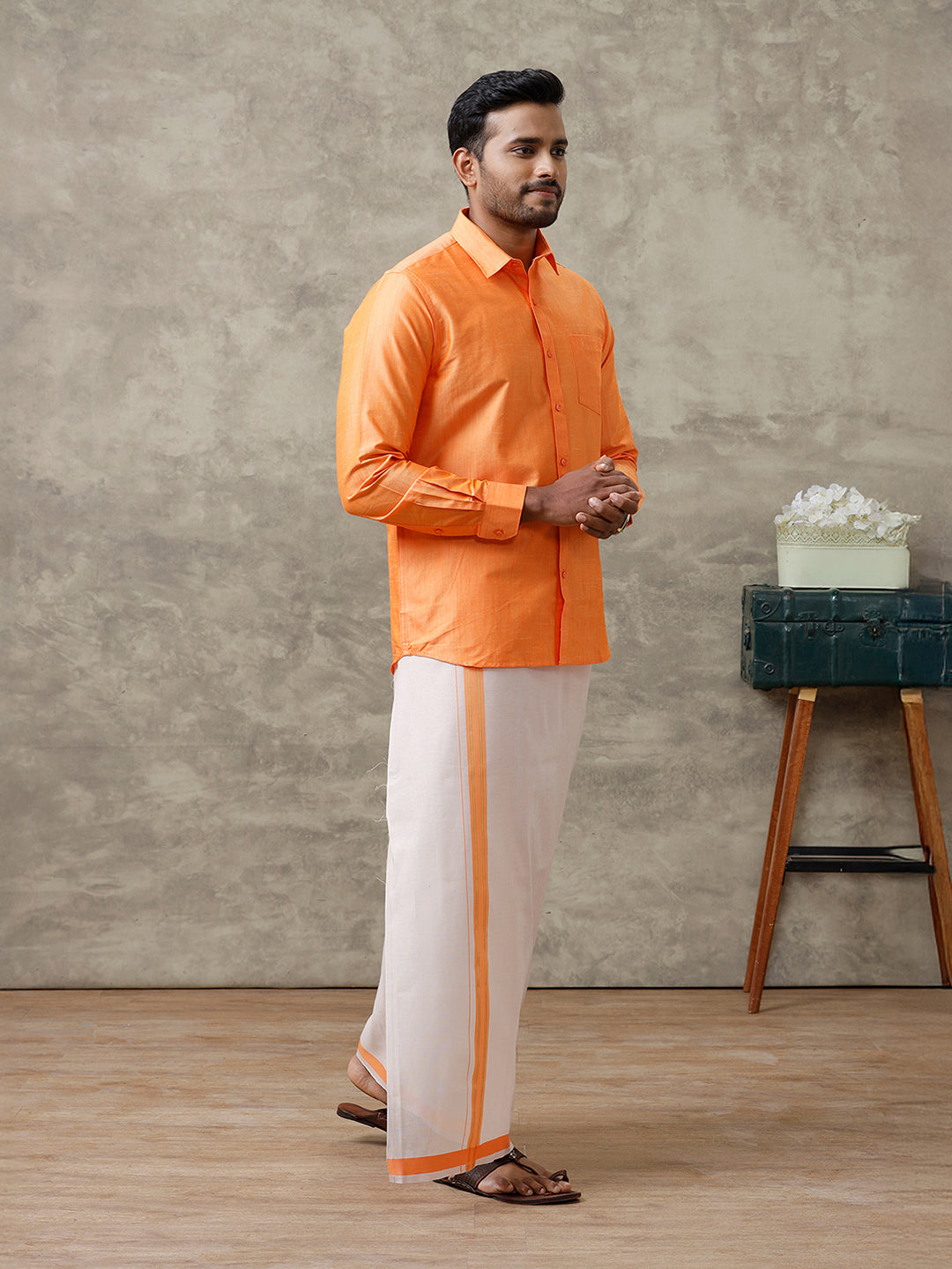 Men Cotton Blend Orange Shirt and Tissue Dhoti Set VB4