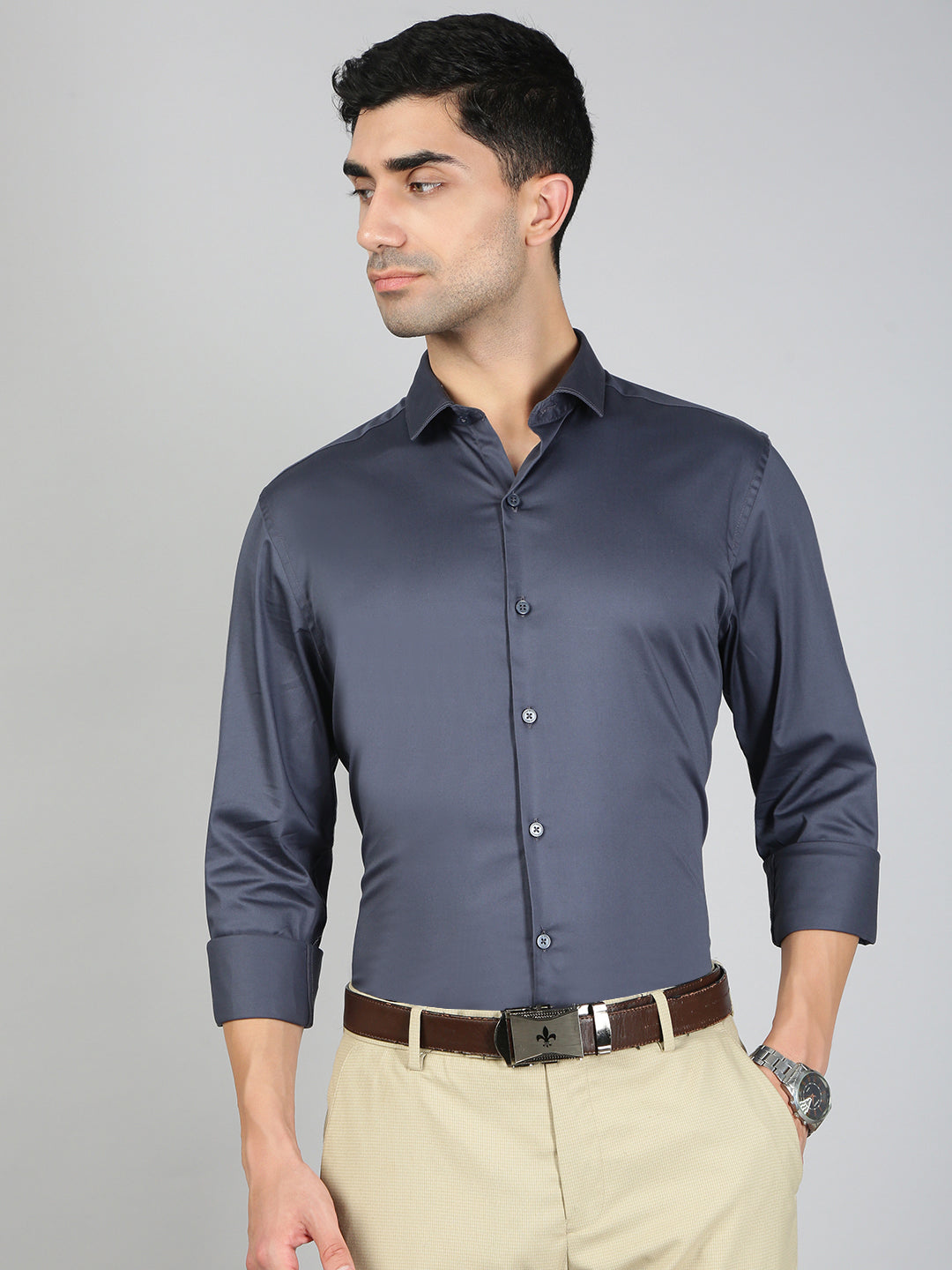 Men Stretch Cotton Shirt Greyish Blue FS31
