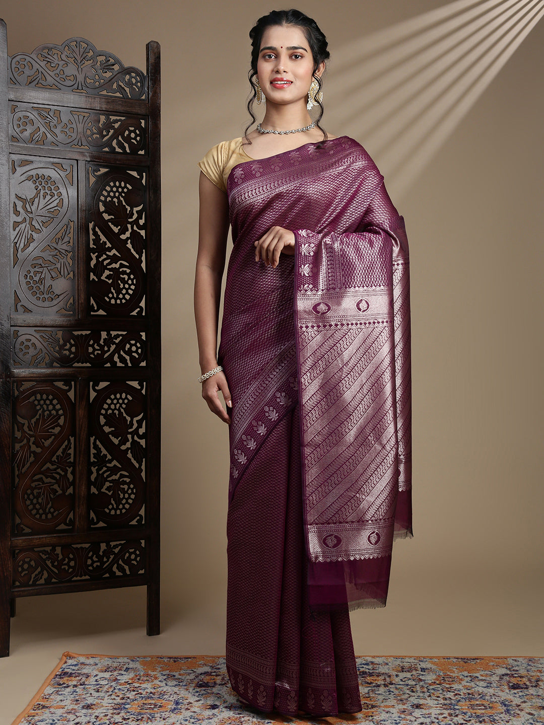 Women Dark Purple Semi Kora Cotton Saree SK118