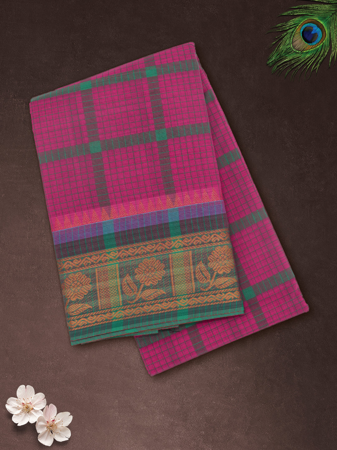 Women Dark Pink Checks Pure Chettinad Cotton Saree PCS231