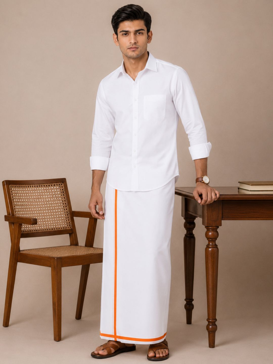 Men 100% Cotton Single Layer Small Border Dhoti Marina MR01