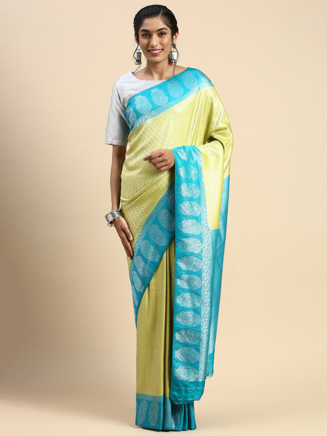 Womens Semi Silk Checked All Over Design Light Green & Blue Silver Jari Saree AS05