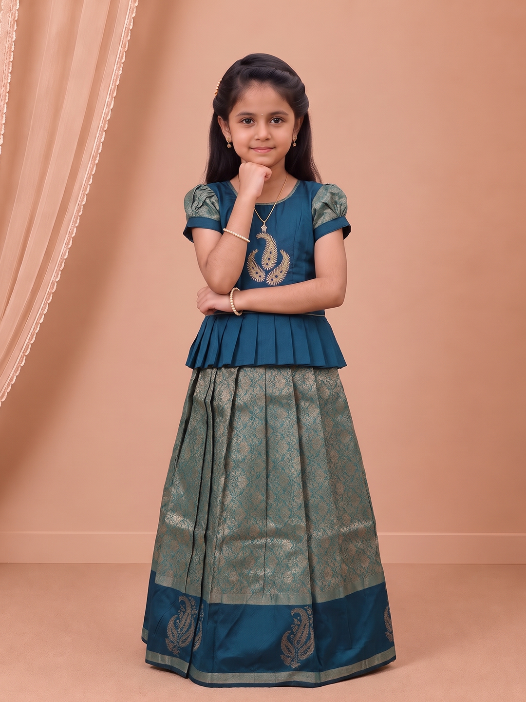 Girls Art Silk Teal Blue Pattu Pavadai Set GPS82