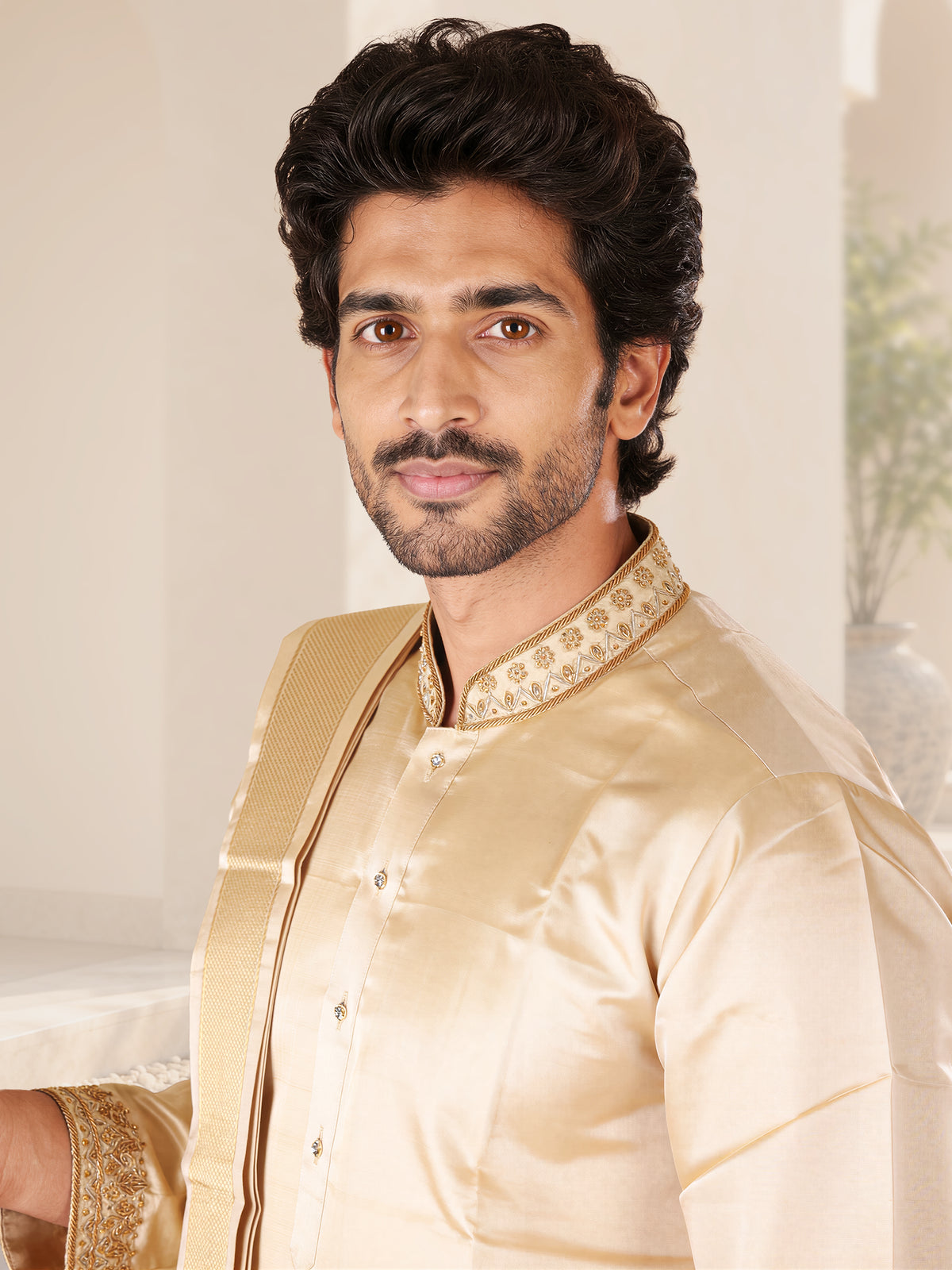 LAGNAA Premium Pure Tussar Silk Hand Embroidered Mango Sleeves Motif Kurta, Panchakacham & Angavastram set | Thanga Vaibhavam