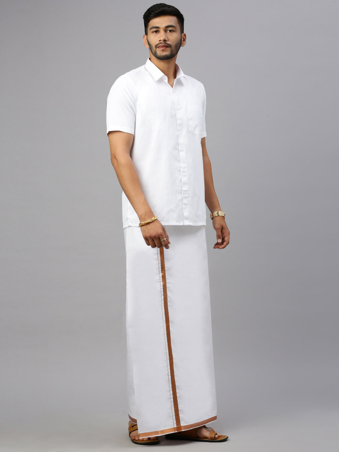 Men Cotton Blend Single Layer White Dhoti with 3/4" Copper Jari Border