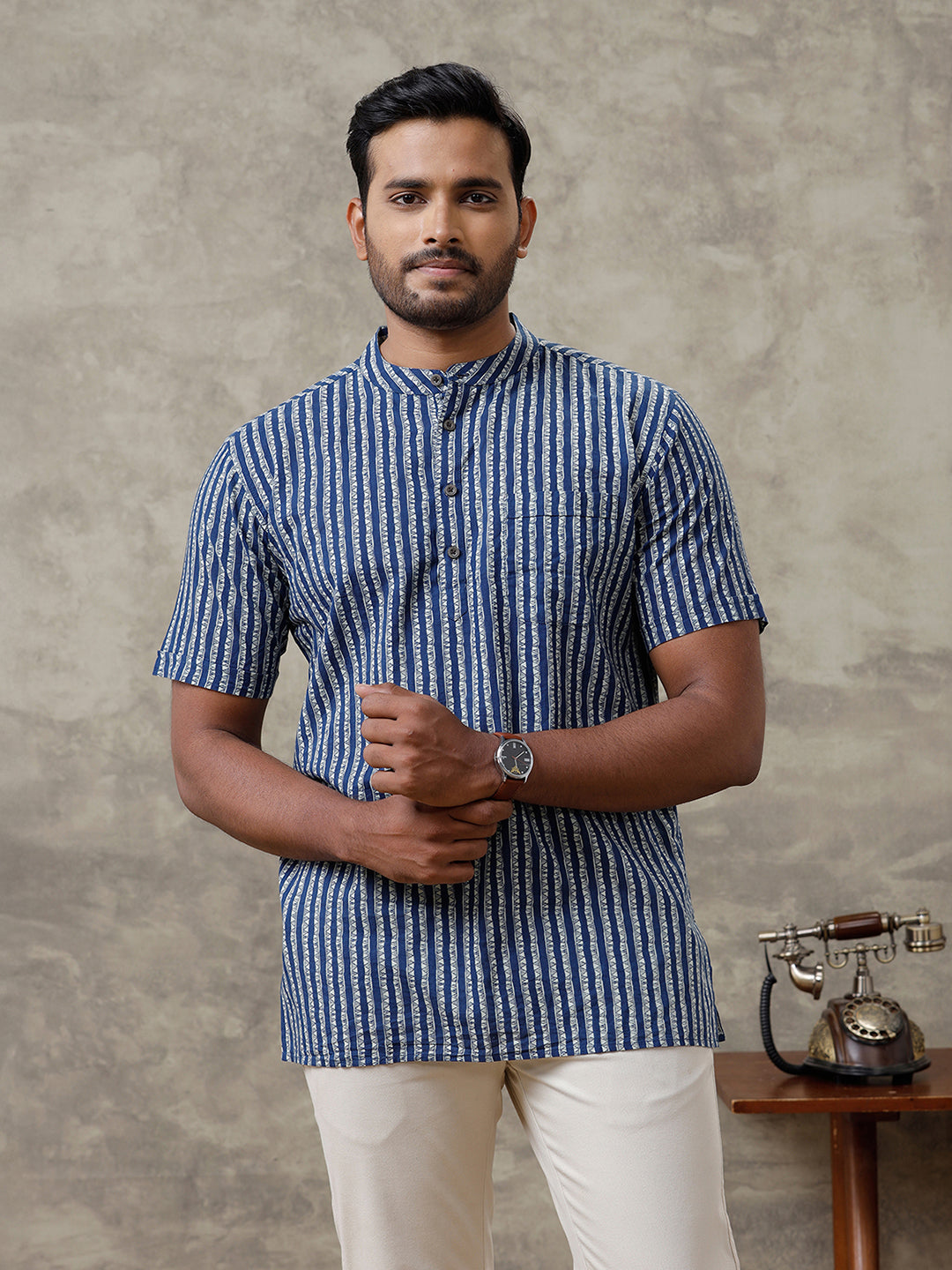 Men Cotton Short Length Striped Pocket Kurta Blue OE6