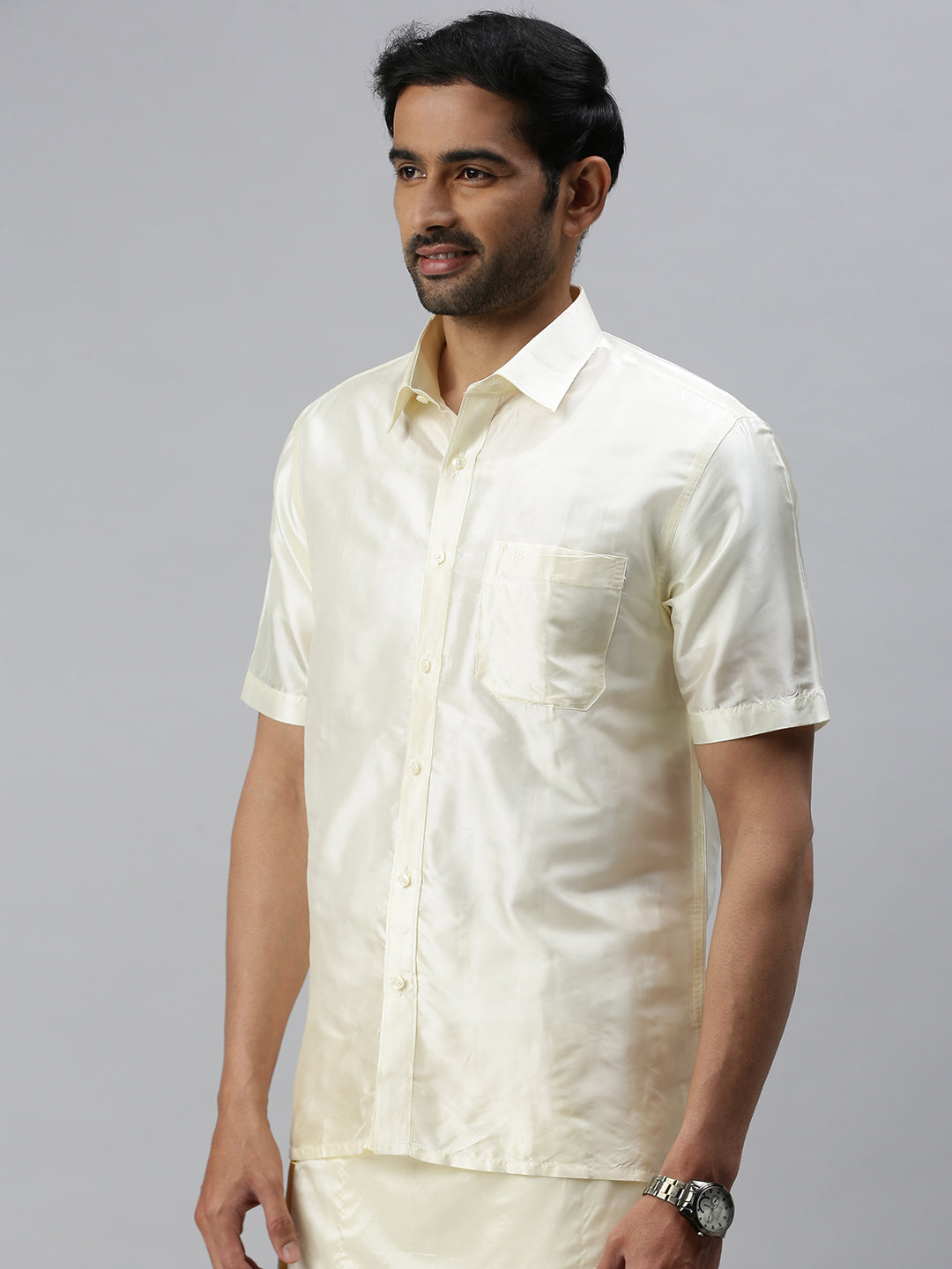 Mens Pure Silk Cream Shirt Half Sleeves with Dhoti Combo Silk Mark-Side view