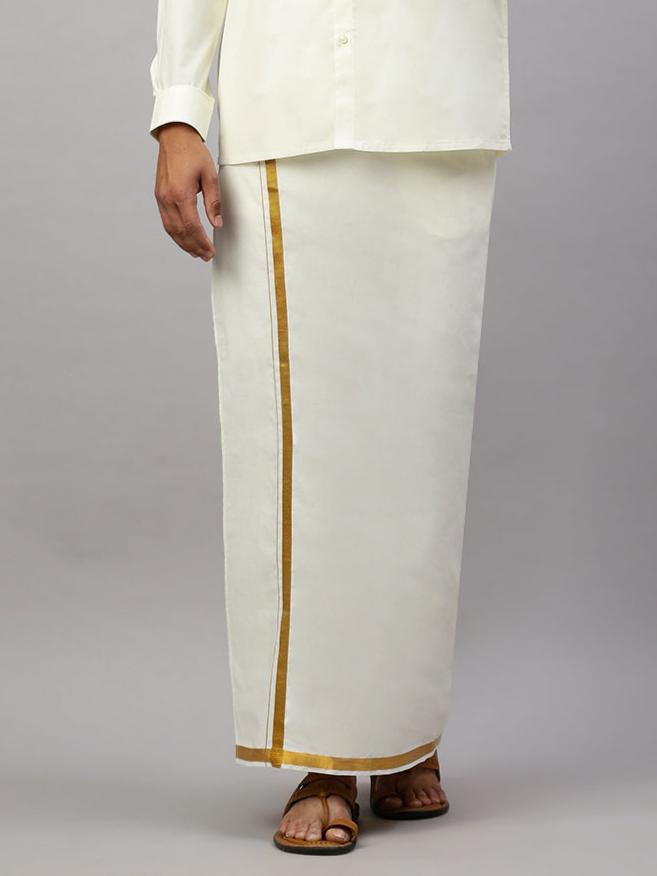 Men 100% Cotton Single Layer Cream Dhoti with 1/2" Gold Jari Border Galaxy