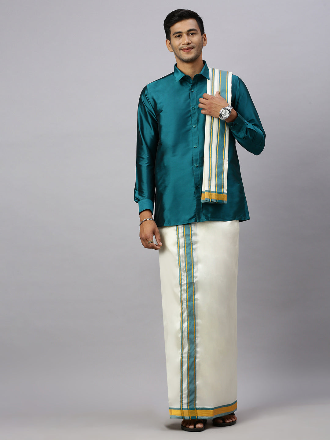 Mens Full Sleeves Ramar Green Shirt with Matching Border Cream Dhoti & Towel Set