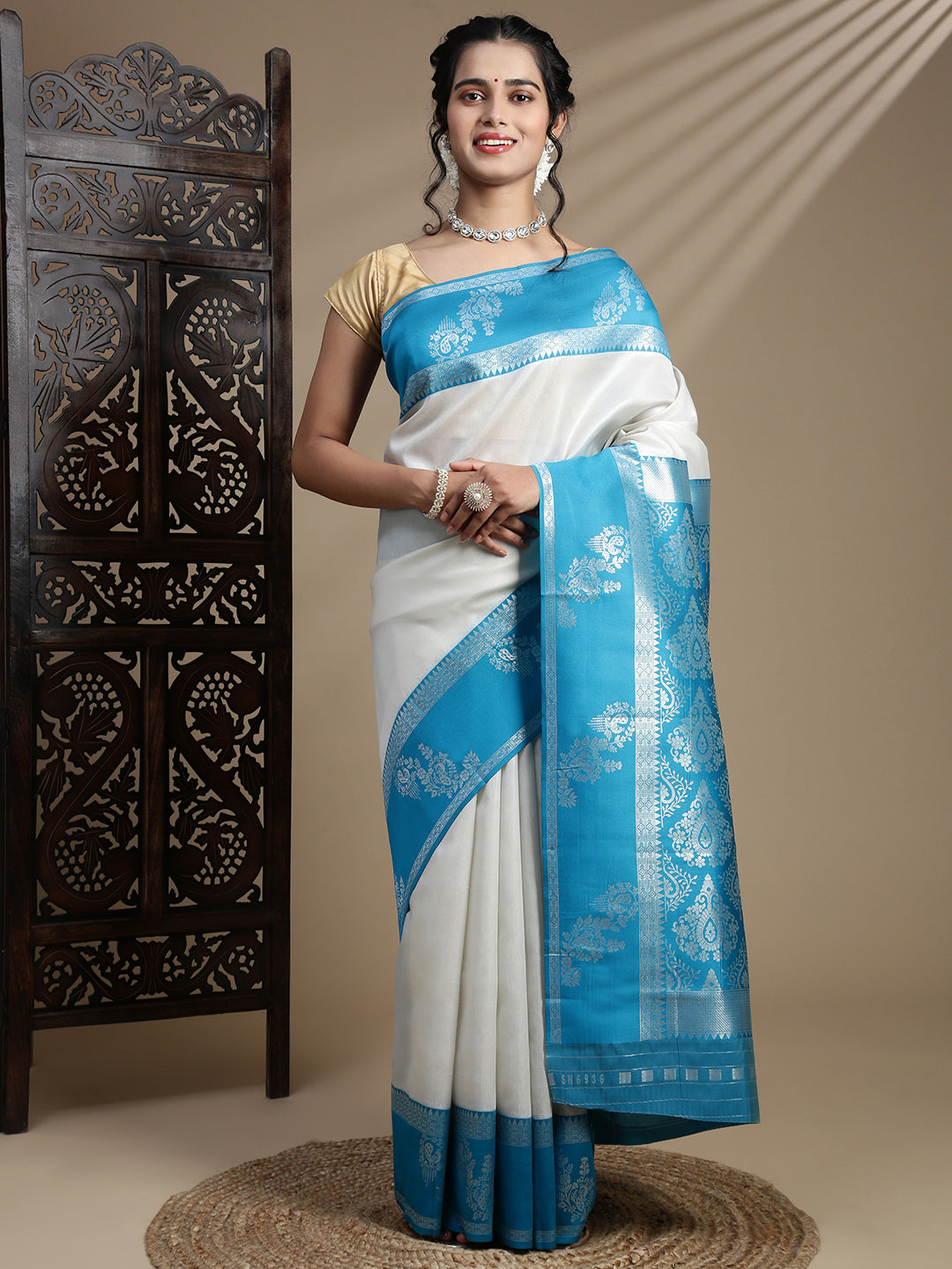 Women Silver Tissue Saree with Blue Border TS55