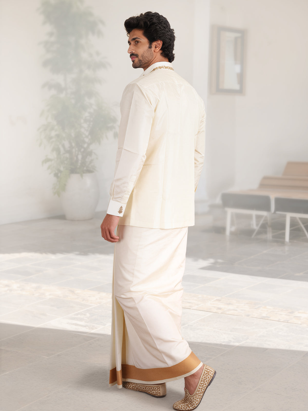 LAGNAA Premium Pure Tussar Silk Butterfly Hand Embroidered Designer Shirt & Dhoti Set with Jari Dozi Work on Collar & Cuffs | Vyoma Vaibhavam
