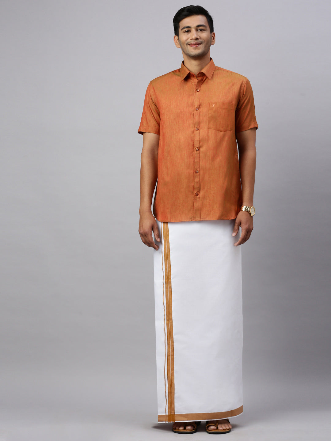 Men Brown Matching Border Dhoti & Half Sleeves Shirt Set CV3