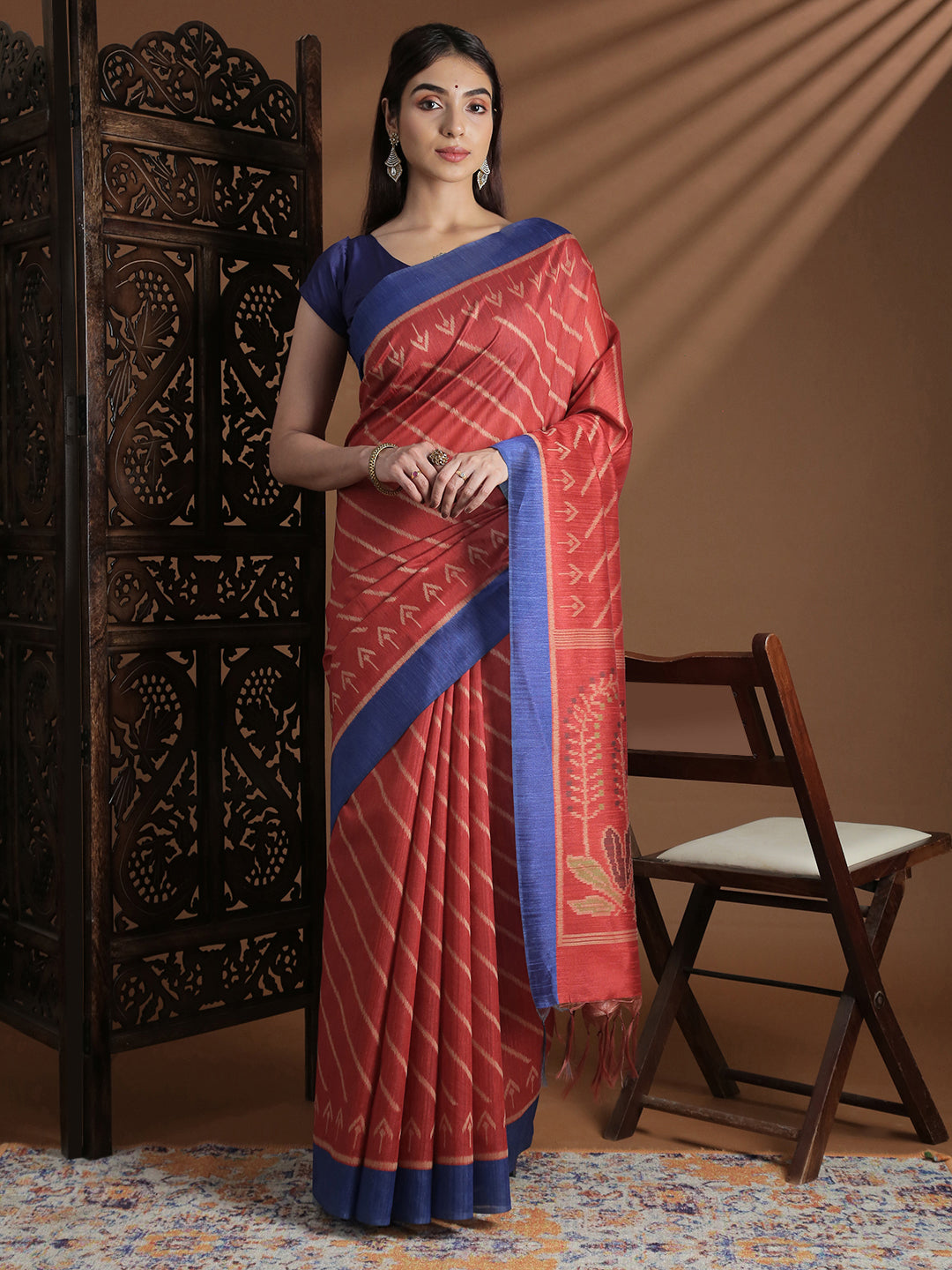 Women Semi Tussar Weaving Red Saree ST321