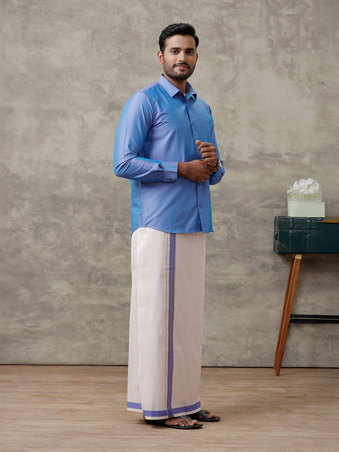 Men Cotton Blend Royal Blue Shirt and Tissue Dhoti Set VB5
