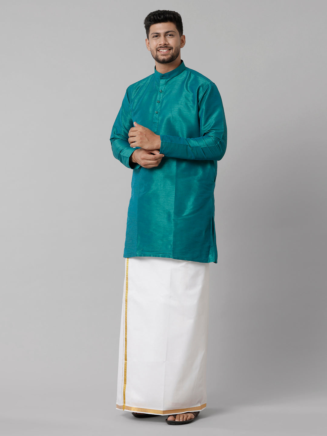 Mens Polyster Dark Green Medium Length Kurta with White 3/4" Gold Jari Dhoti Combo SL04-Side view