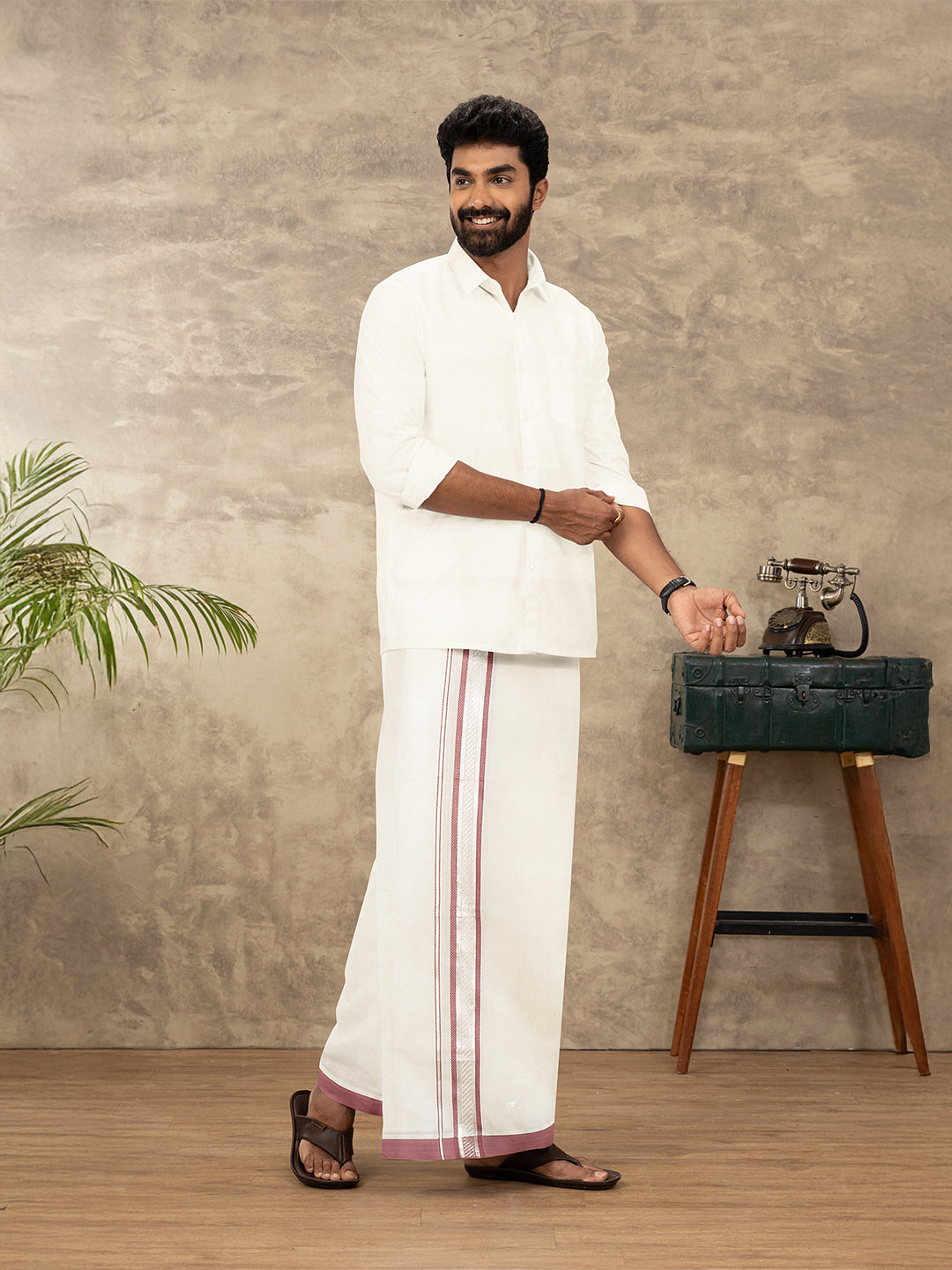 Men Kora Cotton Double Layer Dhoti with Maroon Fancy Jari Border EV02