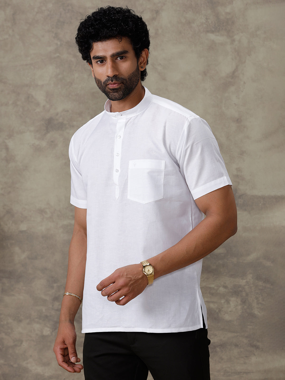 Men Linen Cotton Short Length Plain Pocket Kurta White MW2