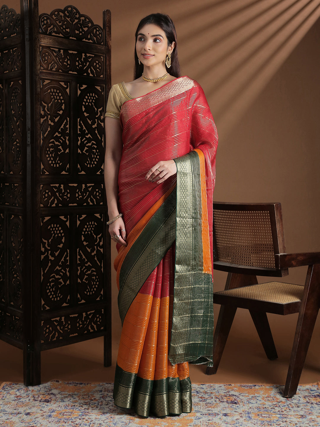Women Semi Mysore Silk Saree Red with Orange SS396