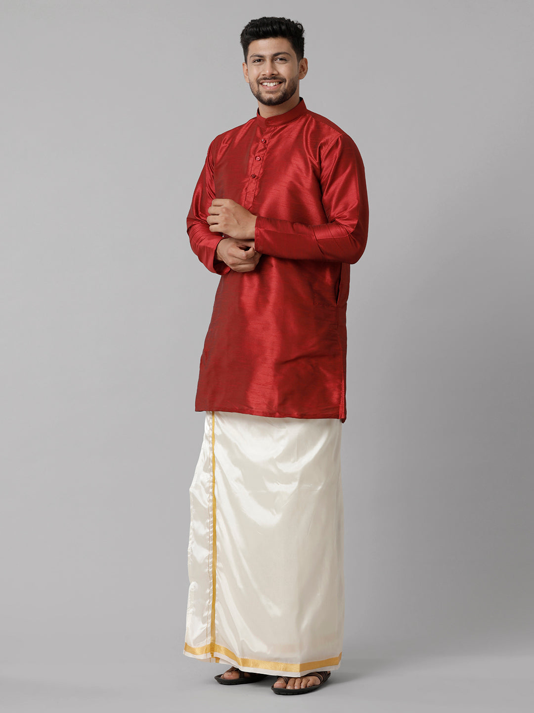 Mens Polyster Red Medium Length Kurta with Art Silk Jari Dhoti Combo SL06-Side view